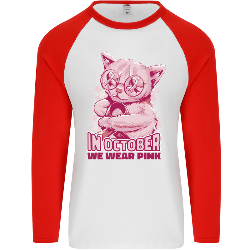 Breast Cancer Awareness October Cat Mens L/S Baseball T-Shirt White/Red