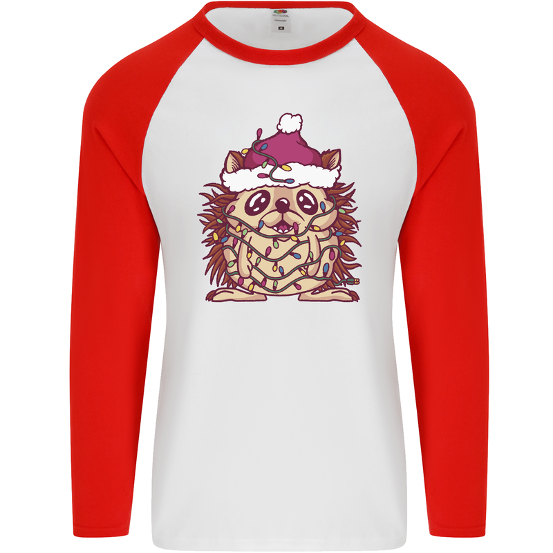 Christmas Hedgehog Wearing an Xmas Hat Mens L/S Baseball T-Shirt White/Red