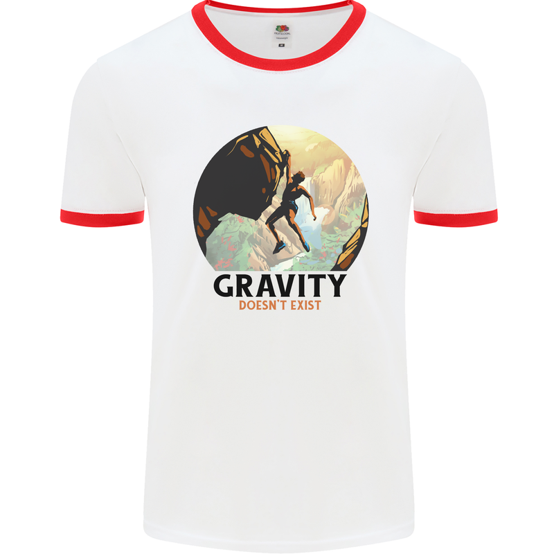 Rock Climbing Gravity Doesnt Exist Climber Mens Ringer T-Shirt White/Red