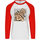 Steampunk Skull With Moustache Mens L/S Baseball T-Shirt White/Red