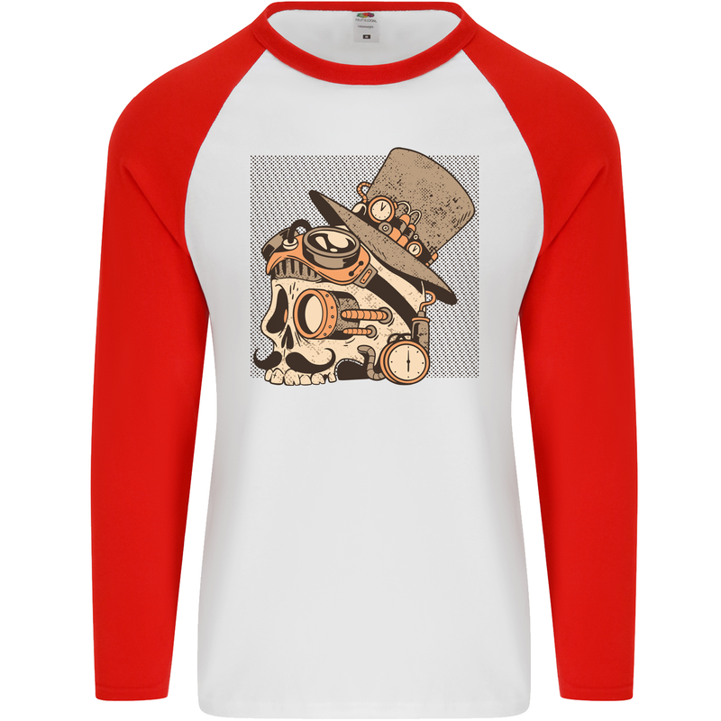 Steampunk Skull With Moustache Mens L/S Baseball T-Shirt White/Red