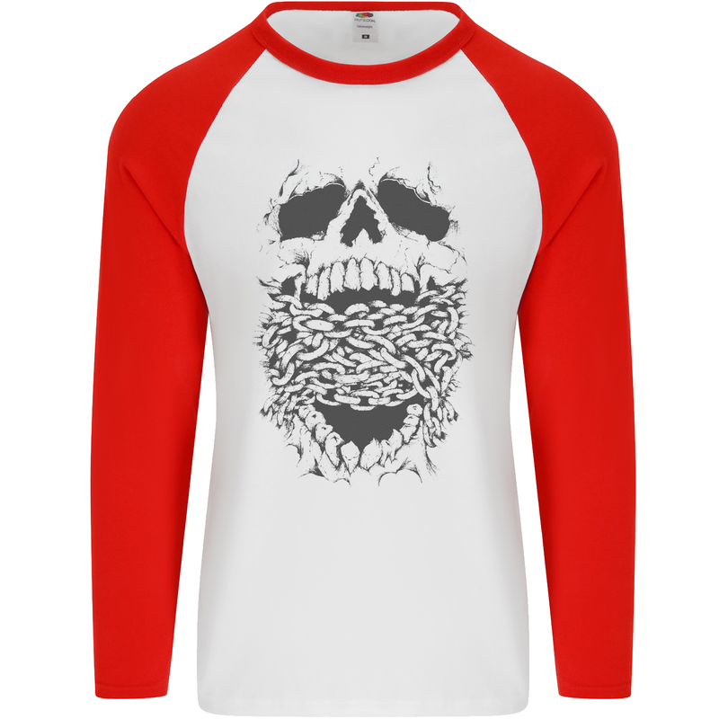 Skull and Chains Motorcycle Motorbike Biker Mens L/S Baseball T-Shirt White/Red