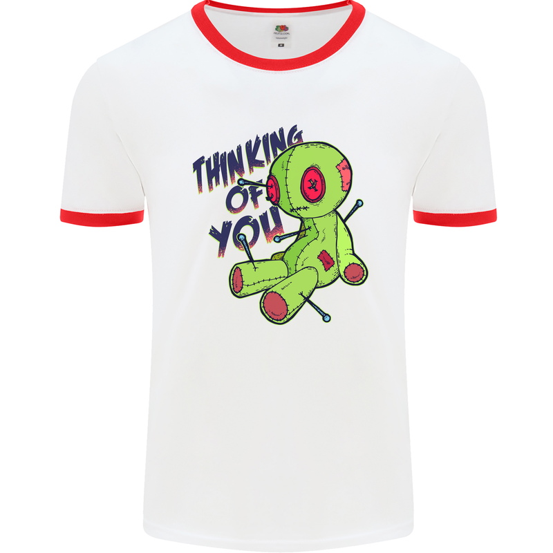 Voodoo Doll Thinking of You Halloween Black Magic Mens Ringer T-Shirt White/Red
