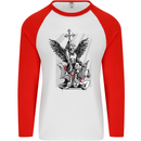 St. Michael Killing the Devil Christian God Mens L/S Baseball T-Shirt White/Red