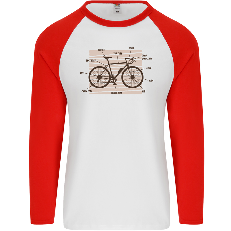 Bicycle Anatomy Funny Cycling Cyclist Funny Mens L/S Baseball T-Shirt White/Red