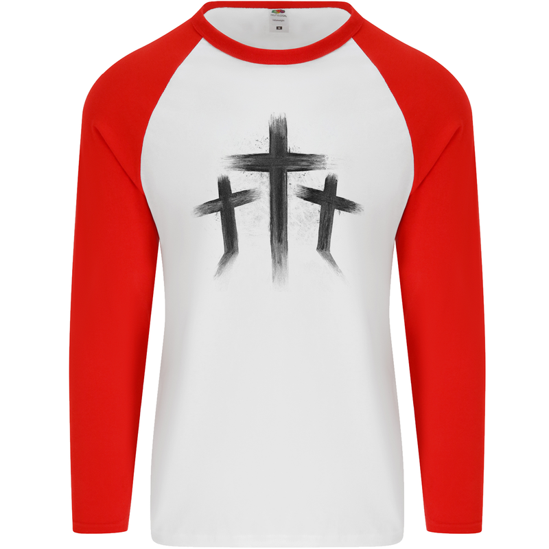 Three Grunge Crosses Gothic Mens L/S Baseball T-Shirt White/Red