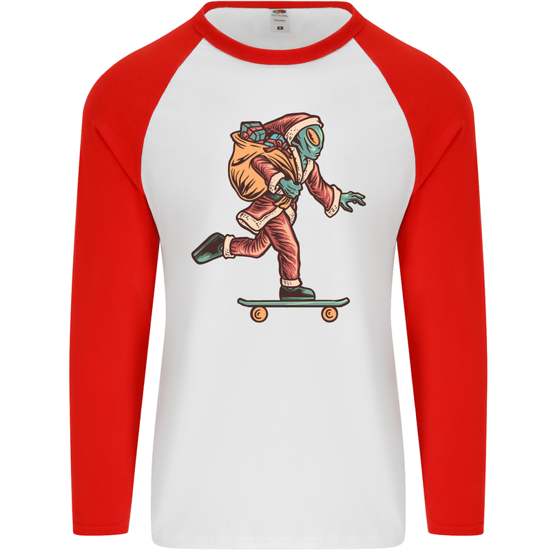 Funny Santa Clause Alien on a Skateboard Mens L/S Baseball T-Shirt White/Red