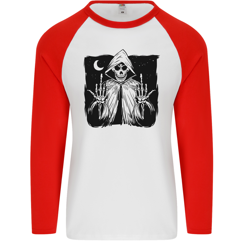 Grim Reaper Finger Flip Skull Biker Funny Mens L/S Baseball T-Shirt White/Red