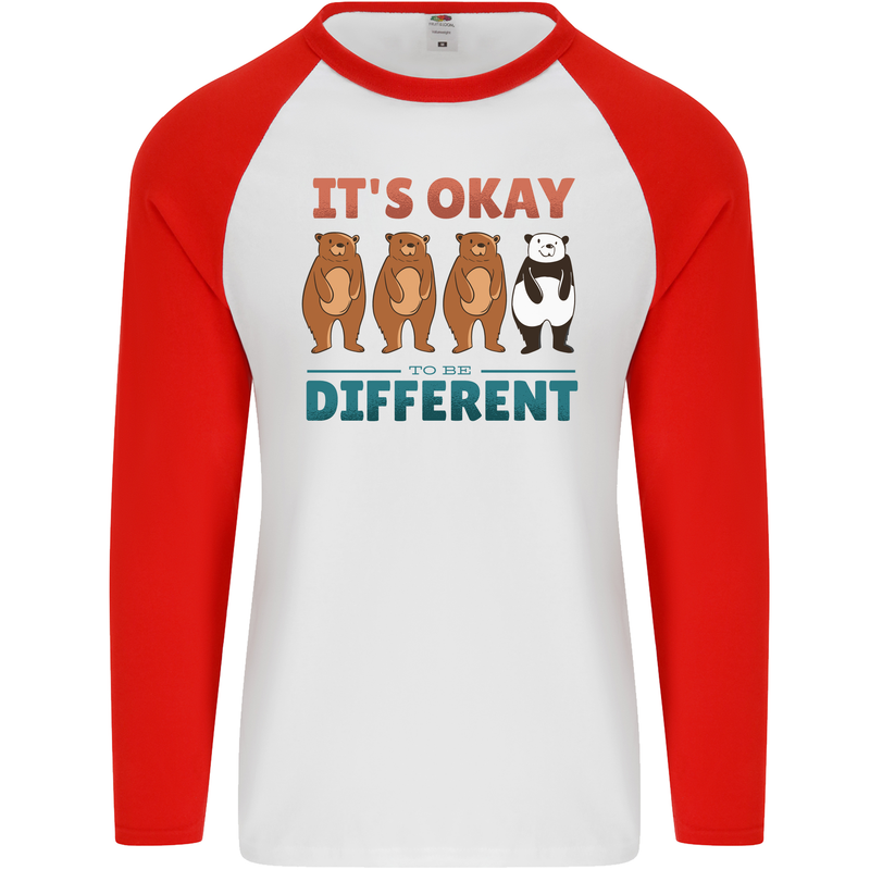 Panda Bear LGBT It's Okay to Be Different Mens L/S Baseball T-Shirt White/Red