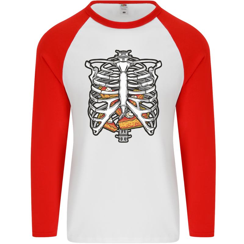 Pie Inside a Skeleton Torso Funny Food Mens L/S Baseball T-Shirt White/Red