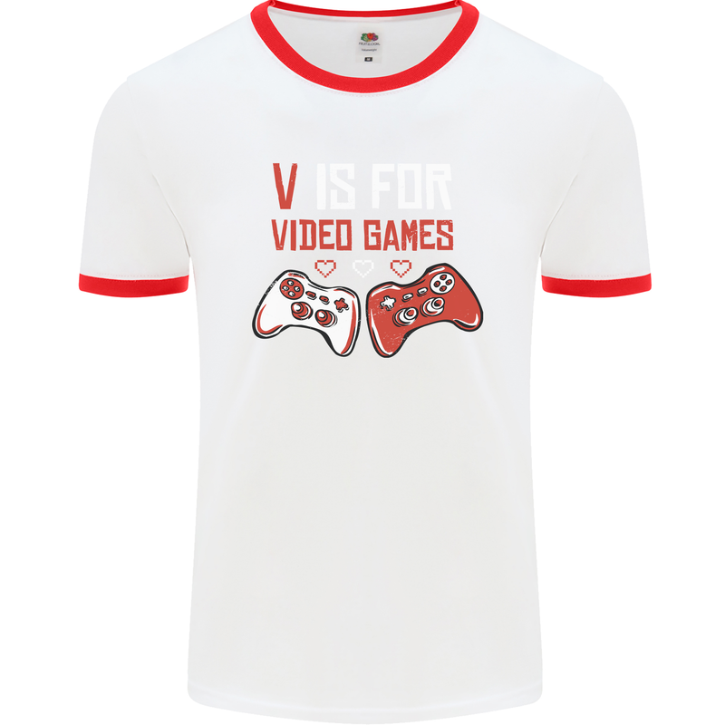 V is For Video Games Funny Gaming Gamer Mens Ringer T-Shirt White/Red