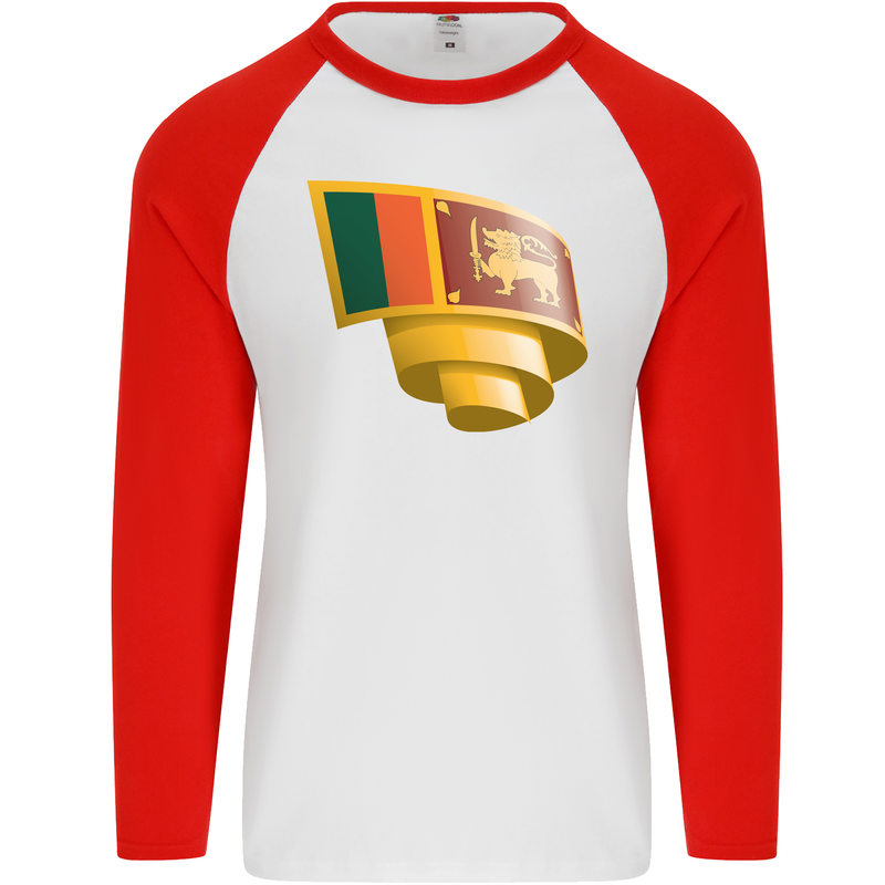 Curled Sri Lankan Flag Sri Lanka Day Football Mens L/S Baseball T-Shirt White/Red