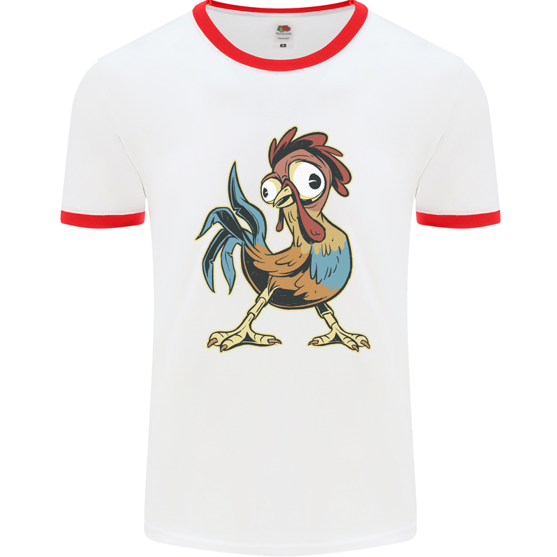 A Funky Rooster Farm Animals Chicken Mens Ringer T-Shirt White/Red