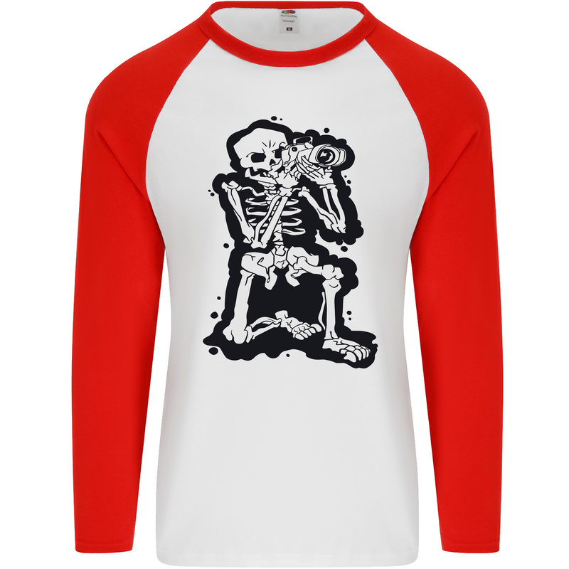 A Skeleton Photographer Photography Mens L/S Baseball T-Shirt White/Red