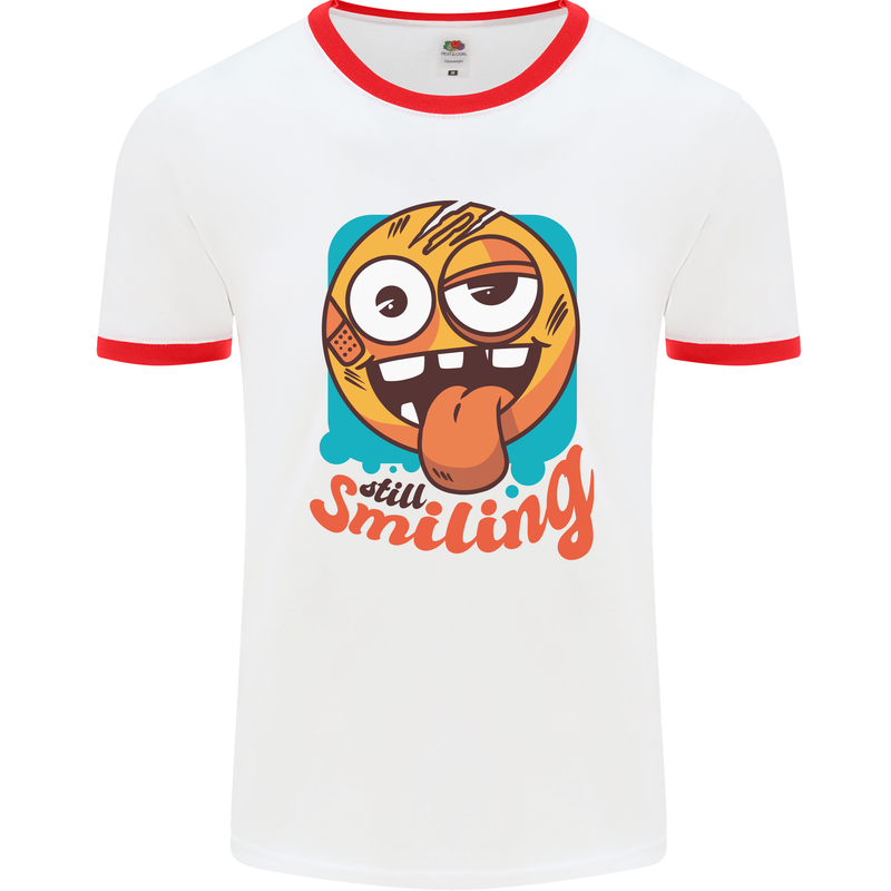 Still Smiling Funny Emoji Exhausted Tired Mens Ringer T-Shirt White/Red