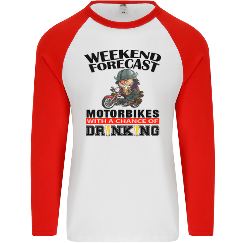 Biker Weekend Forecast Motorbikes Mens L/S Baseball T-Shirt White/Red