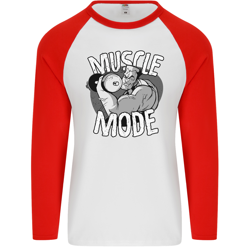 Gym Muscle Mode Bodybuilding Weightlifting Mens L/S Baseball T-Shirt White/Red