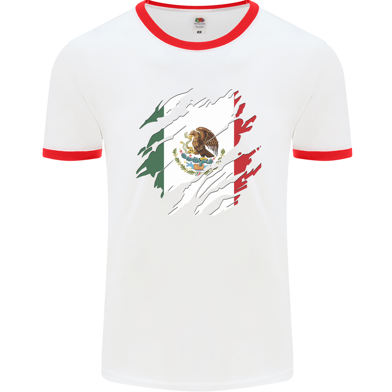 Torn Mexico Flag Mexican Day Football Mens Ringer T-Shirt White/Red