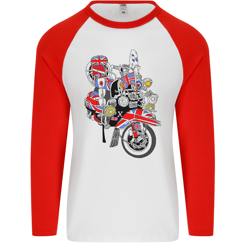 Union Jack MOD Scooter British Flag Bike Mens L/S Baseball T-Shirt White/Red