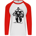 Muscle Man Gym Training Top Bodybuilding Mens L/S Baseball T-Shirt White/Red