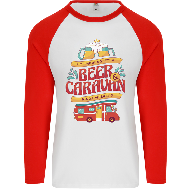 Beer and Caravan Kinda Weekend Funny Mens L/S Baseball T-Shirt White/Red