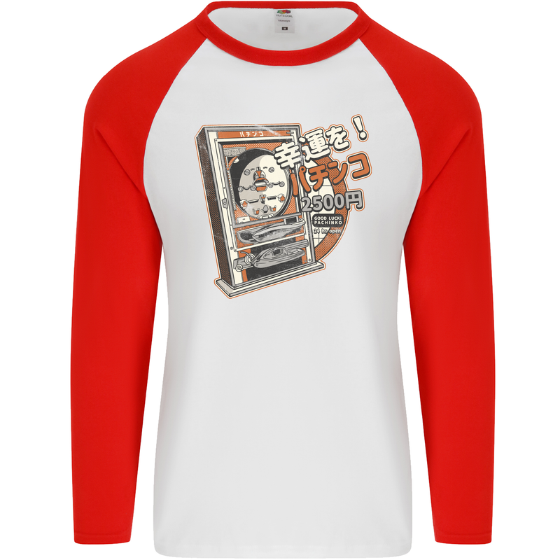 Pachinko Machine Arcade Game Pinball Mens L/S Baseball T-Shirt White/Red