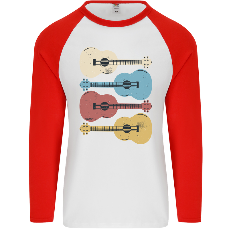 Four Ukulele Guitars Mens L/S Baseball T-Shirt White/Red