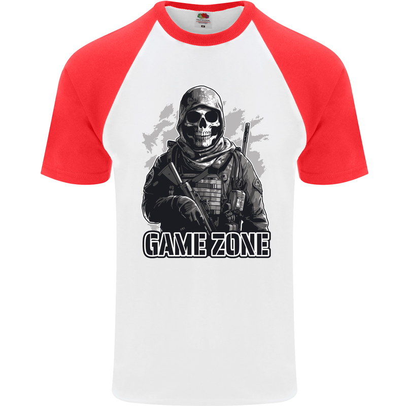 Game Zone Special Forces Video Game Skull Mens S/S Baseball T-Shirt White/Red