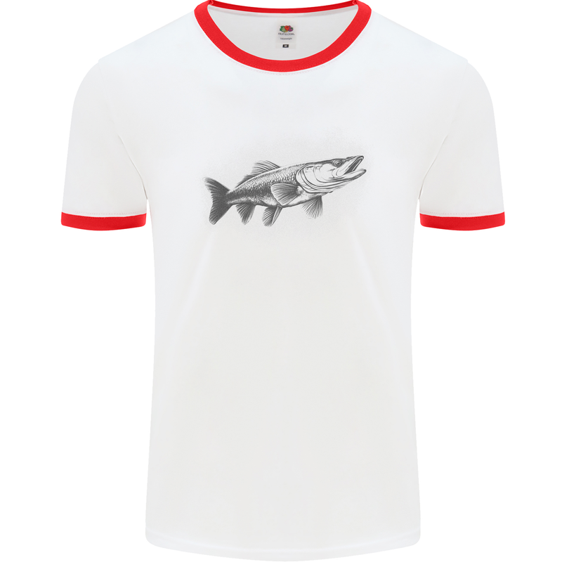 A Pike Fish Drawing Fishing Fisherman Mens Ringer T-Shirt White/Red