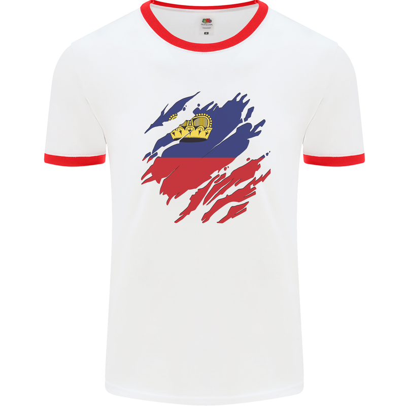 Torn Liechtenstein Flag Liechtensteiner Day Football Mens Ringer T-Shirt White/Red