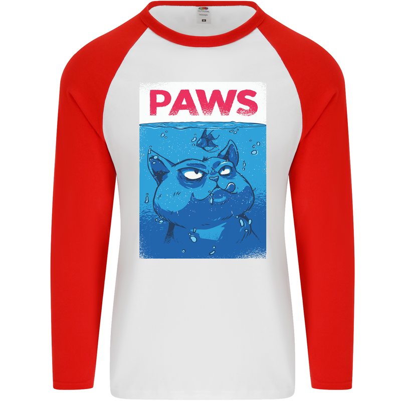 Paws Funny Cat and Goldfish Parody Mens L/S Baseball T-Shirt White/Red