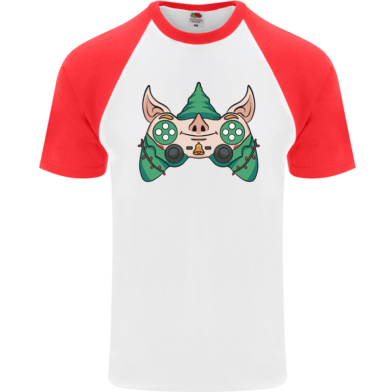 Christmas Elf Video Game Controller Joypad Xmas Mens S/S Baseball T-Shirt White/Red