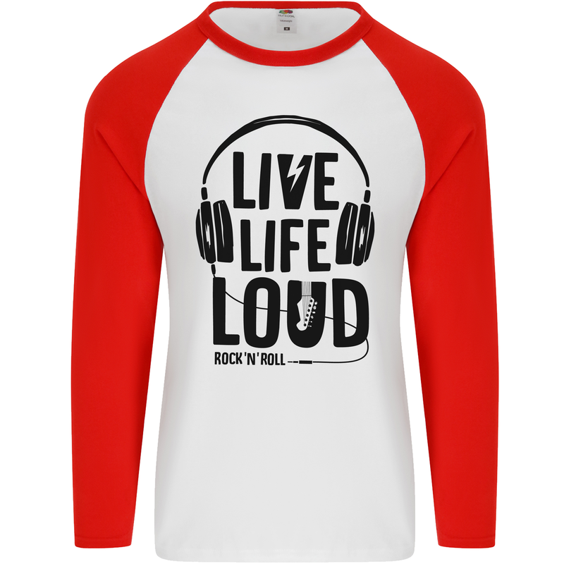 Live Life Loud Rock n Roll Guitar Music Mens L/S Baseball T-Shirt White/Red