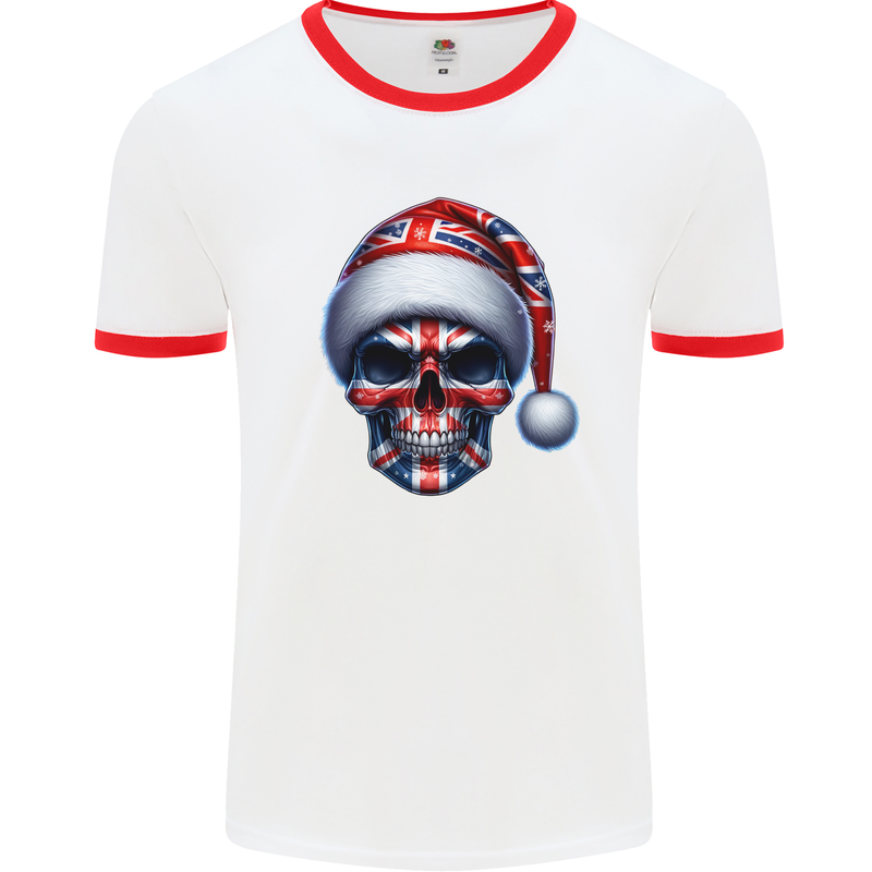 Britain Christmas Skull British UK Flag Union Jack Mens Ringer T-Shirt White/Red