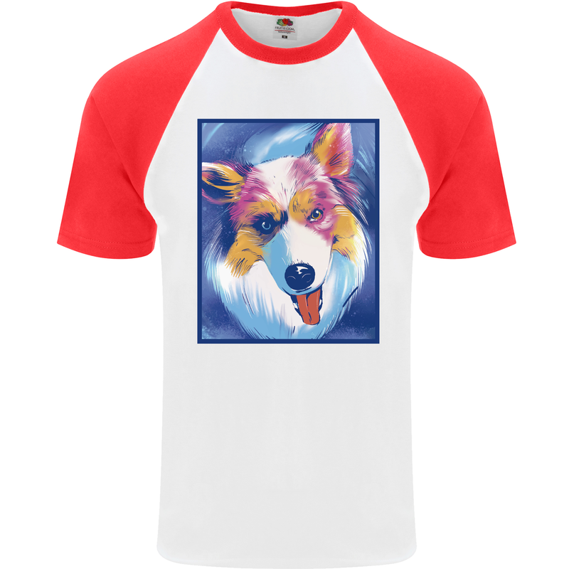 Abstract Australian Shepherd Dog Mens S/S Baseball T-Shirt White/Red
