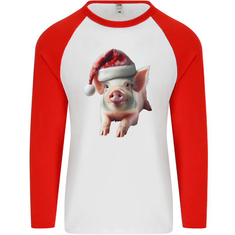 Christmas Pig Wearing Xmas Hats Piglets Mens L/S Baseball T-Shirt White/Red