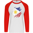 Torn Philippines Flag Philipino Day Football Mens L/S Baseball T-Shirt White/Red