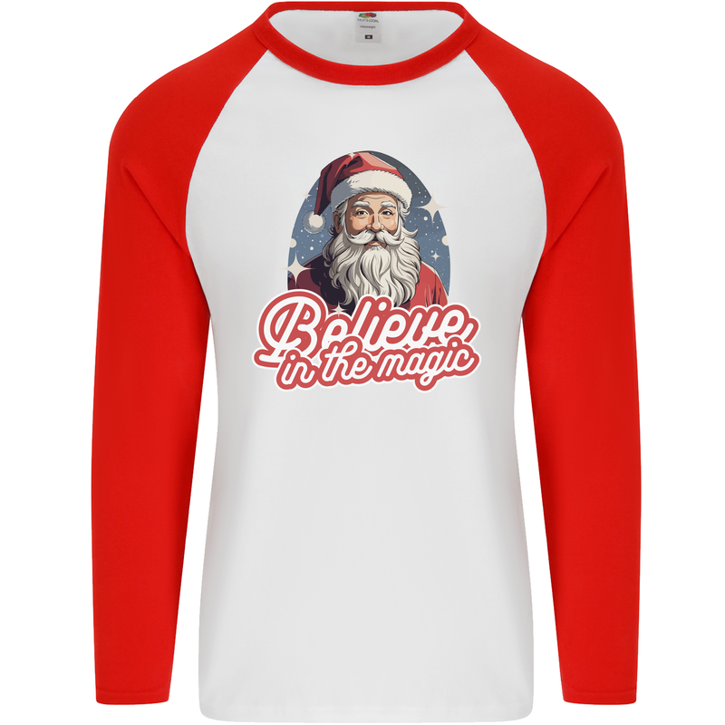 Santa Believe in the Magic Christmas Xmas Mens L/S Baseball T-Shirt White/Red