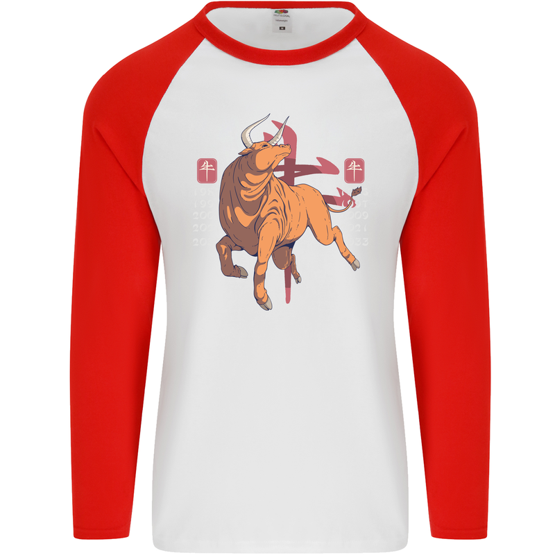 Chinese Zodiac Shengxiao Year of the Ox Mens L/S Baseball T-Shirt White/Red