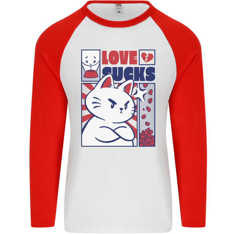 Cat Love Sucks Anti Valentines Singles Day Mens L/S Baseball T-Shirt White/Red