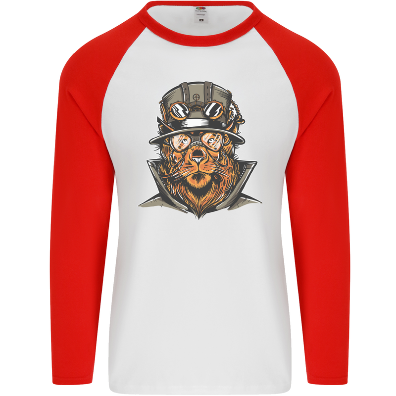 Steampunk Lion Mens L/S Baseball T-Shirt White/Red