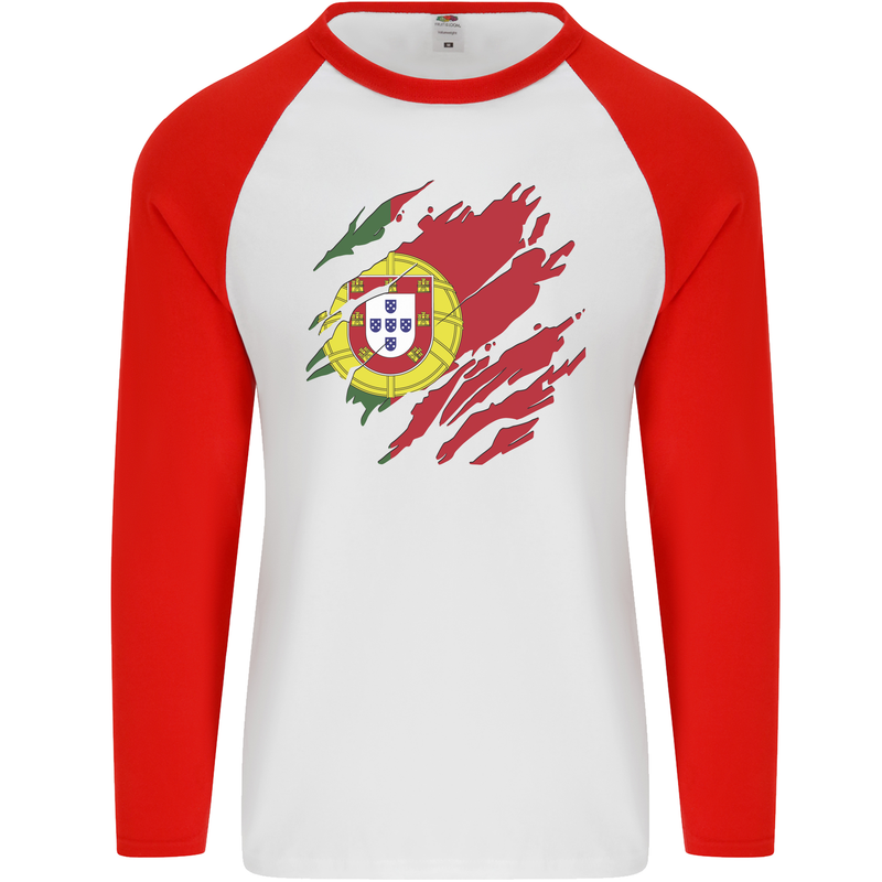 Torn Portugal Flag Portugese Day Football Mens L/S Baseball T-Shirt White/Red