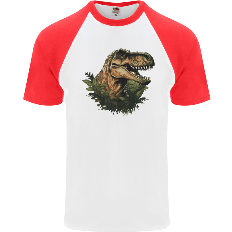 T-Rex Head in Foliage Dinosaur Mens S/S Baseball T-Shirt White/Red