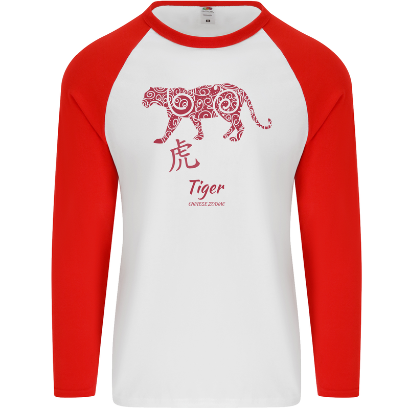 Chinese Zodiac Shengxiao Year of the Tiger Mens L/S Baseball T-Shirt White/Red