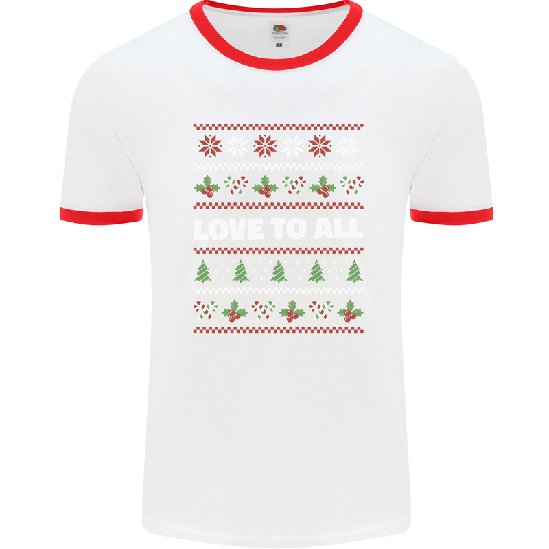 Christmas Love to All Xmas Peace Hippy Mens Ringer T-Shirt White/Red