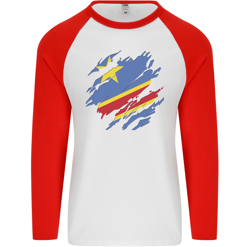 Torn DR Congo Flag Congolese Day Football Mens L/S Baseball T-Shirt White/Red