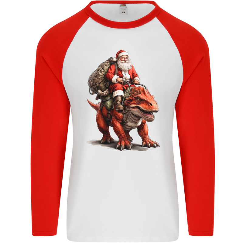 Christmas Santa Riding a Dinosaur Xmas Mens L/S Baseball T-Shirt White/Red