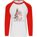 Xmas Unicorn Christmas Tree Mens L/S Baseball T-Shirt White/Red