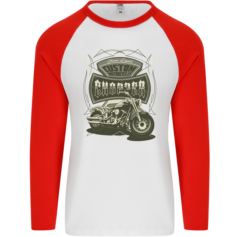 Custom Motorcycles Choppers Biker Motorbike Mens L/S Baseball T-Shirt White/Red