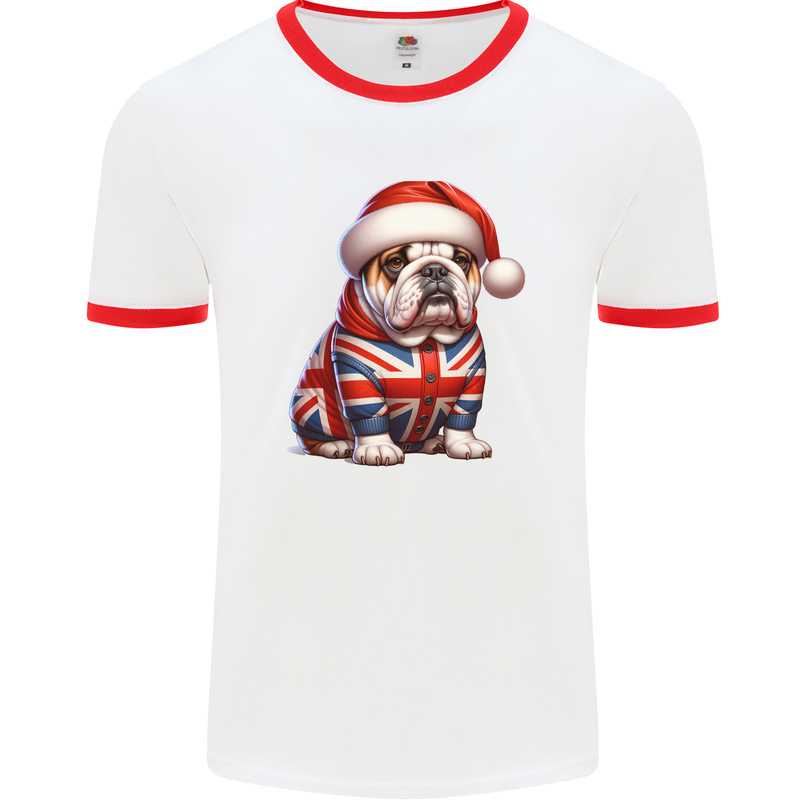 Christmas British Bulldog Union Jack Dog Xmas Mens Ringer T-Shirt White/Red